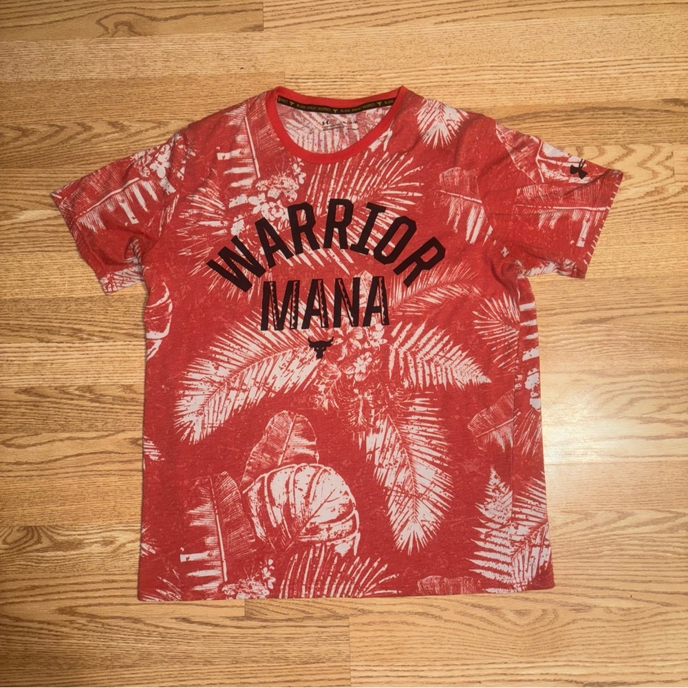 Under Armour Shirt Mens Medium XL Red Project Rock Floral Palms Warrior Mana